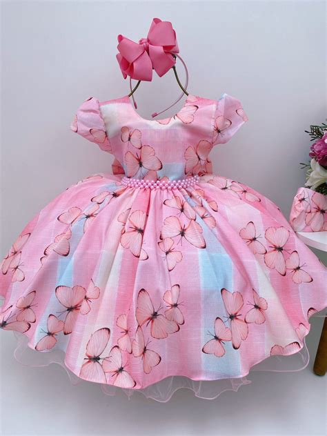 Vestido Infantil Jardim das Borboletas Rosa Azul C Máscara Rosa