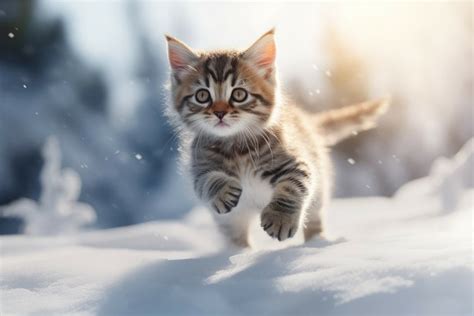 Kitten jumping snow winter. Generate Ai