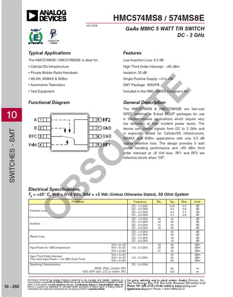 Hmc Ms E Datasheet Gaas Mmic Watt T R Switch