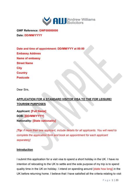 UK Tourist and Visit Visa - Cover Letter Example | Immigration Solicitors