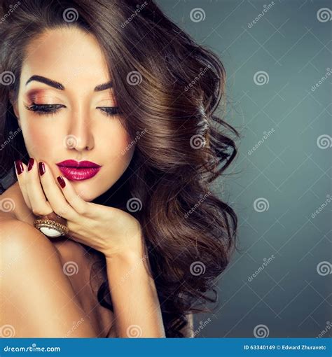 Beautiful Model Brunette With Long Curled Hair Stock Image Image Of