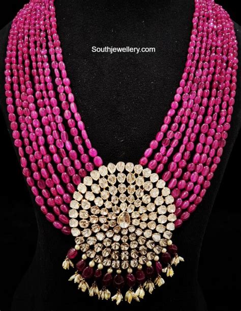 Multi Strand Ruby Beads Haram With Polki Pendant Indian Jewellery Designs