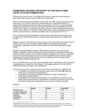 Fillable Online Admission Criteria For Entry To The Sixth Form Year