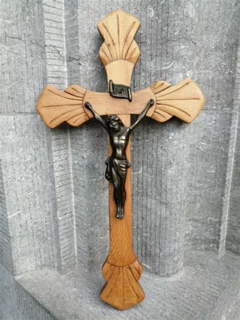 ANTIQUE CARVED WOOD Cross Crucifix Metal Jesus Christ Corpus Inri Wall