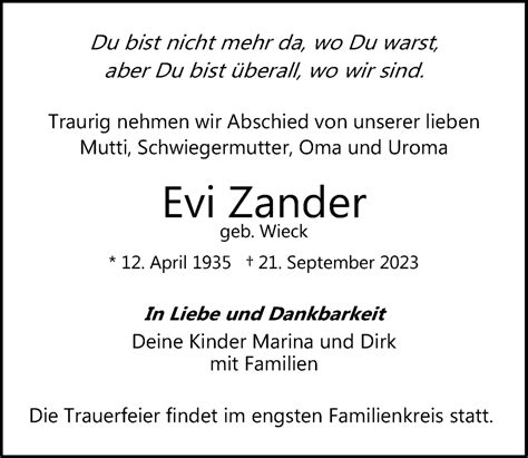 Traueranzeigen Von Evi Zander Trauer Anzeigen De