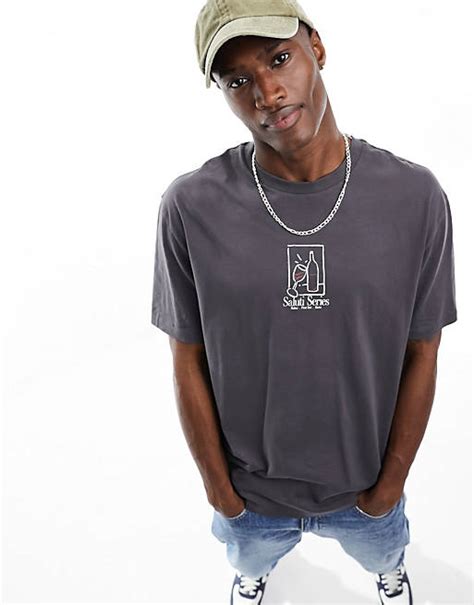 Asos Design Relaxed T Shirt In Grey With Chest Abstract Art Chest Print