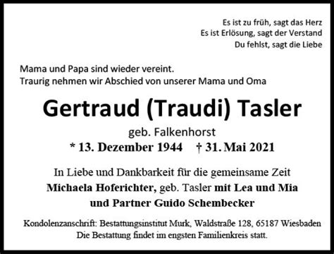 Traueranzeigen Von Gertraud Tasler Vrm Trauer De