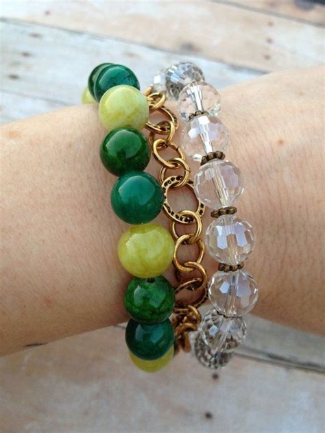 Strand Green And Yellow Beaded Bracelet Brass Circle Link Etsy