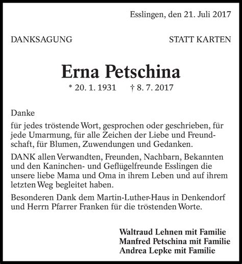 Traueranzeigen Von Erna Petschina Zeit Des Gedenkens De