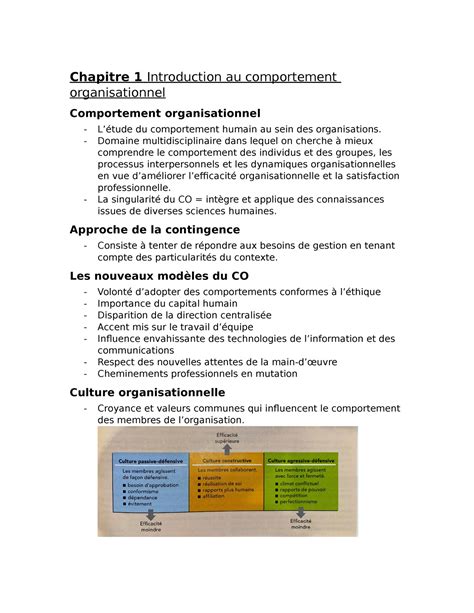 Notes De Cours Comportement Organisationnel Chapitre Chapitre