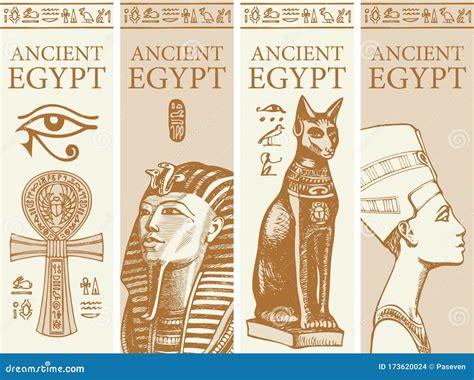 Banners With Egyptian Goddess Bastet And Hieroglyphs Cartoon Vector ...