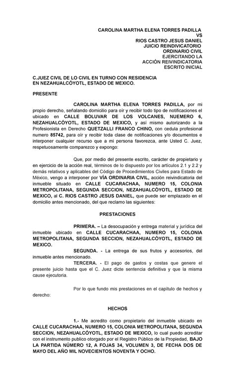 Escrito Inicial De Demanda Reivindicatoria Fernando Silva Tejeda Vs