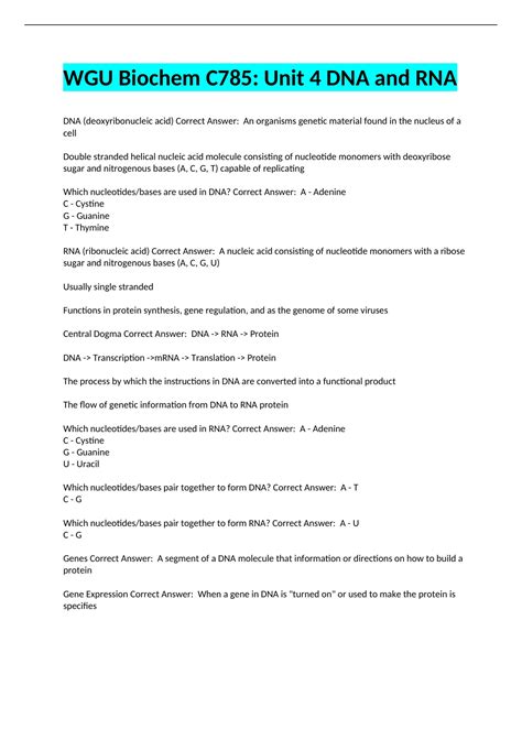 Wgu Biochem C Unit Dna And Rna Questions With Complete Solutions