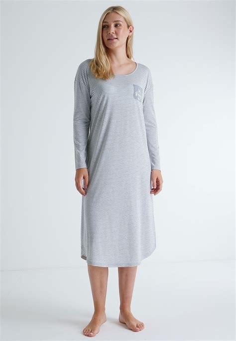 Womens Grey And White Stripe Long Sleeve Nightdress Peacocks