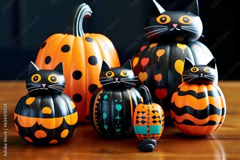 Halloween-themed pattern with adorable pumpkins, black cats, and bats, featuring a bright and ...