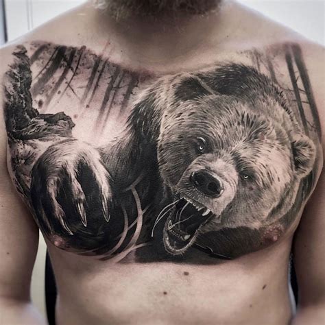 Realistic Bear, Mens Chest Tattoo