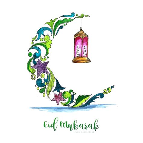 Free Vector Hand Draw Decorative Eid Mubarak With Colorful Moon