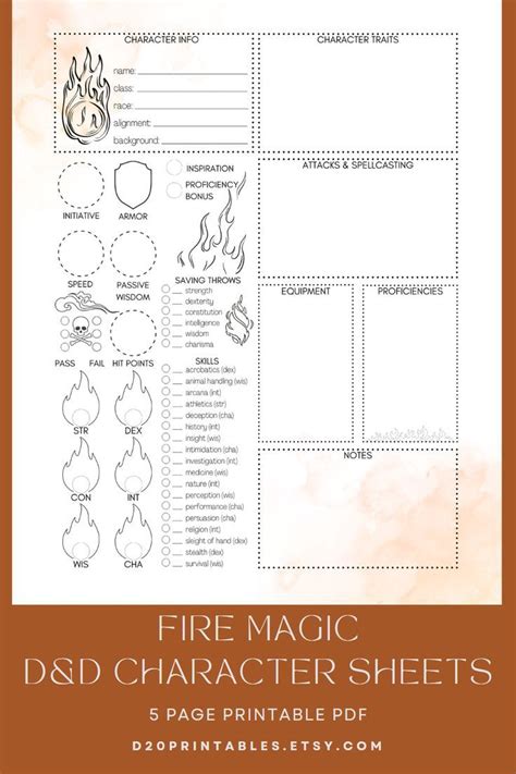 Flame Dnd 5e Character Sheet Printable Dungeons Dragons Stat Sheets Dnd