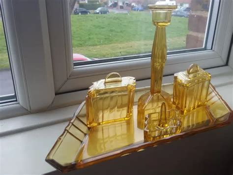 Vintage 1930 S Art Deco Pressed Amber Glass Five Piece Dressing Table Set £35 00 Picclick Uk