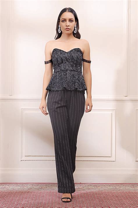 Buy Black Silk And Tulle Embroidered Cutdana Sweetheart Neck Corset Top