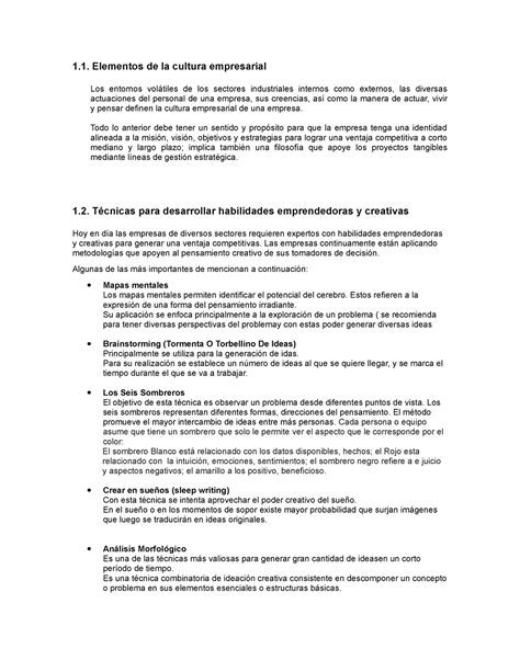 Unidad I Y II CE Conceptos De Cultura Empresarial 1 Elementos De