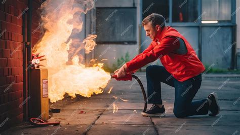 Premium Photo A Man Conducts Exercises With A Fire Extinguisher Fire Extinguishing Concept