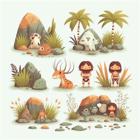 Premium AI Image | cartoon cave dwellers and animals in the wilderness ...