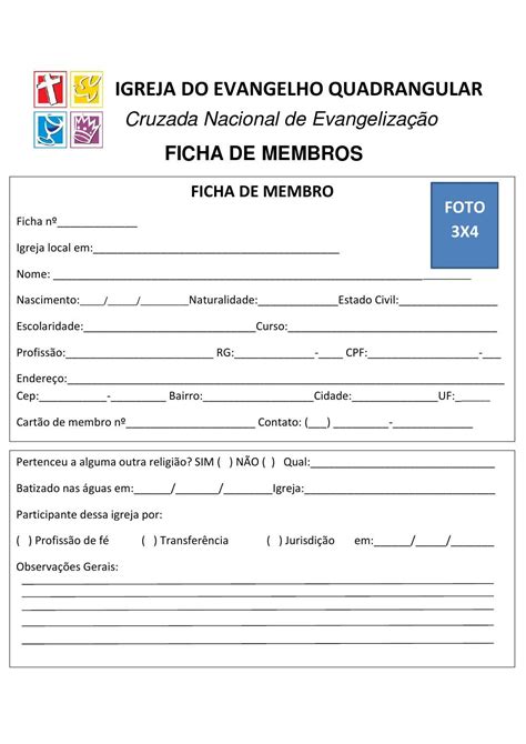 Ficha De Membro Igreja Braincp