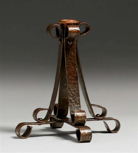 Arts Crafts Hammered Copper Brass Strap Candlestick C