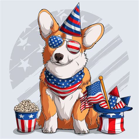 Cute Welsh Corgi Fluffy Pembroke Dog Sitting With American Independence