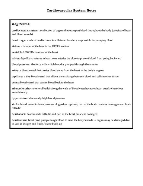 Circulatory System Notes Cardiovascular System Notes Key Terms