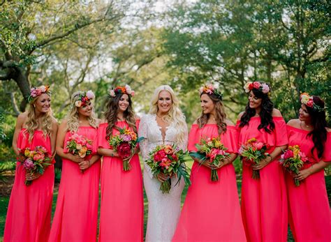 Bright Coral Bohemian Bridesmaid Dresses | Coral bridesmaid dresses