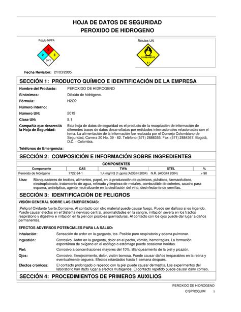 H2O2 Hoja de Seguridad del Peróxido de Hidrógeno HOJA DE DATOS DE