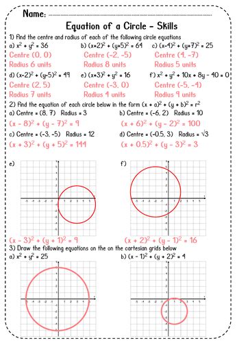 Circle Graphs Equations Of A Circle Skills Worksheet Teaching Resources