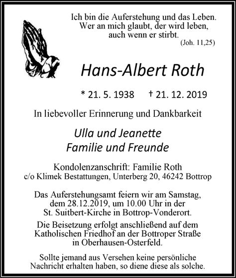 Traueranzeigen Von Hans Albert Roth Trauer In Nrw De