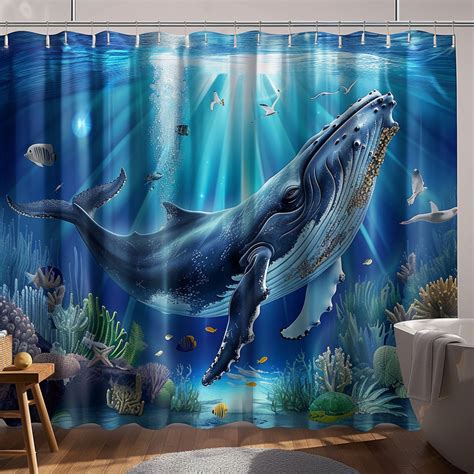 Humpback Whale Ocean Shower Curtain Realistic Rendering Colorful Sea