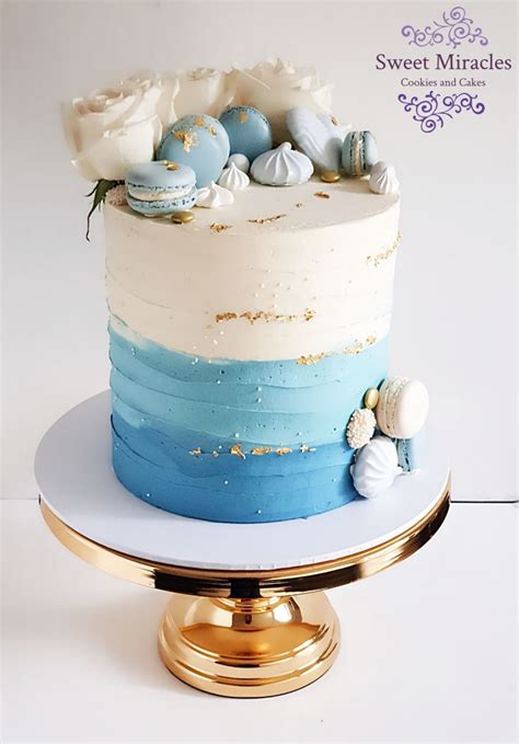 Blue Ombre Buttercream Cake With Macarons And Roses Homemade Birthday Cakes Buttercream Cake