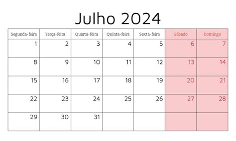 Calendario portugués de julio de 2024 Ilustración vectorial