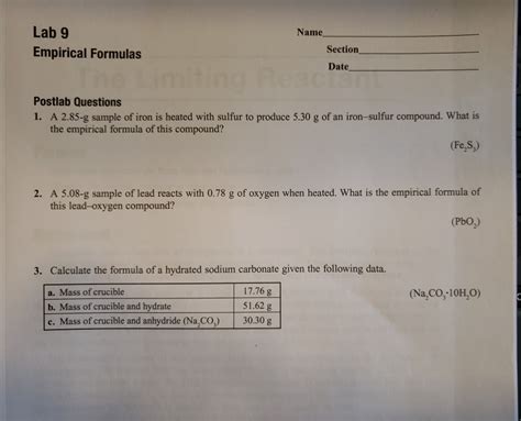 Solved Lab 9 Empirical Formulas Name Section Date Postlab Chegg