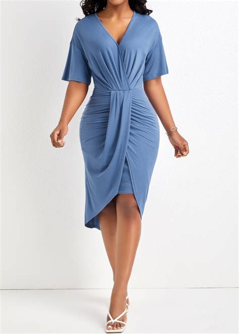 Dusty Blue High Low Ruched Bodycon Dress Rosewe USD 27 98