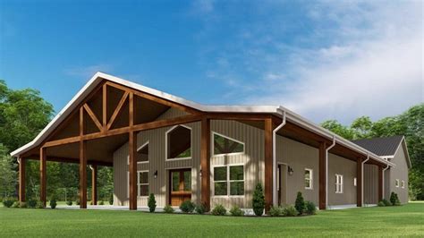 Bed Barndominium Style House Plan With Covered Patio And Car Garage