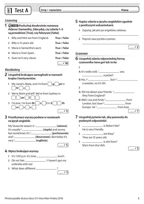 Brainy Unit Test A Unit Test A Imi I Nazwisko Klasa