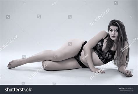 Plus Size Glamour Model Black Lingerie Stock Photo