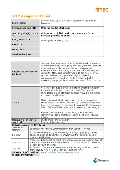 Unit 17 Assignment 2 Brief Btec Assignment Brief Qualification