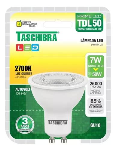 Lâmpada De Led Dicróica Tdl 50 7w Gu10 Taschibra 3000k MercadoLivre