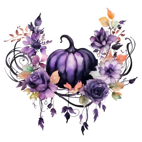 Premium Ai Image Purple Pumpkin And Flowers With Leaves And Vines On A White Background