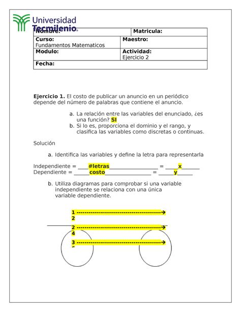 Ejercicio Fundamentos Matematicos Tecmilenio Nombre Matricula