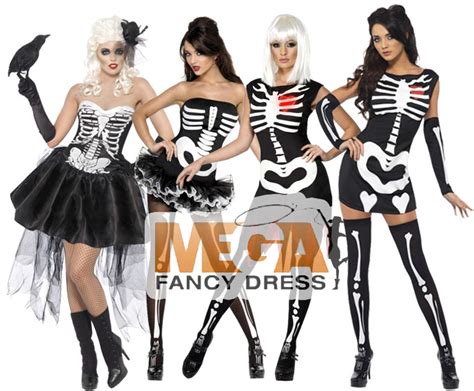 Sexy Skeleton Ladies Fancy Dress Halloween Costume Adult Outfit Free Tights