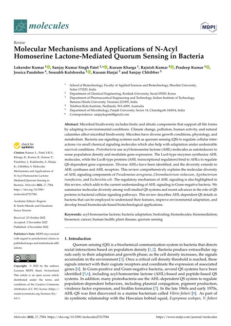 Pdf Molecular Mechanisms And Applications Of N Acyl Homoserine