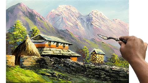 Acrylic Landscape Painting In Time Lapse Village House And Mountain